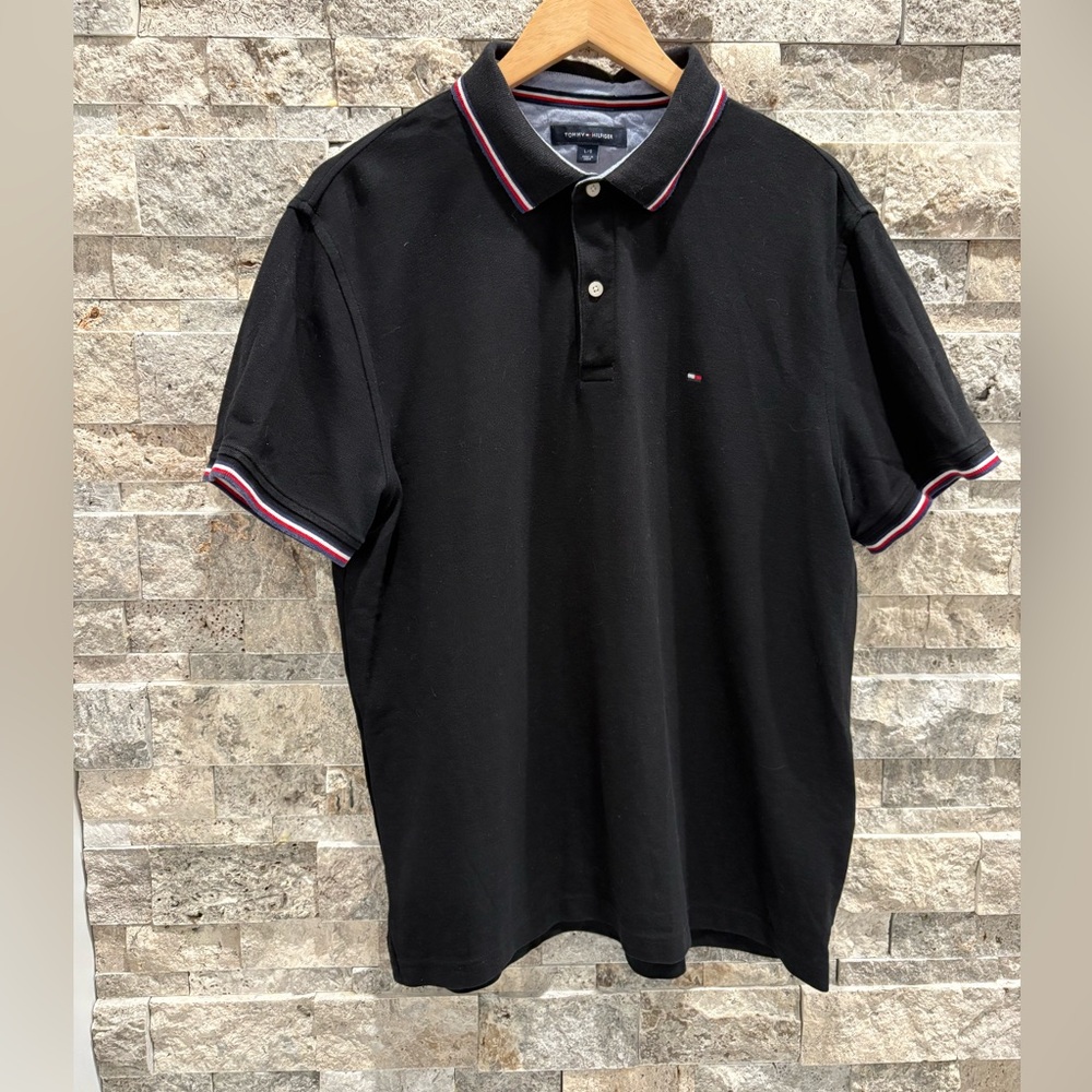 Tommy Hilfiger Black Polo with Red and White Trim size L